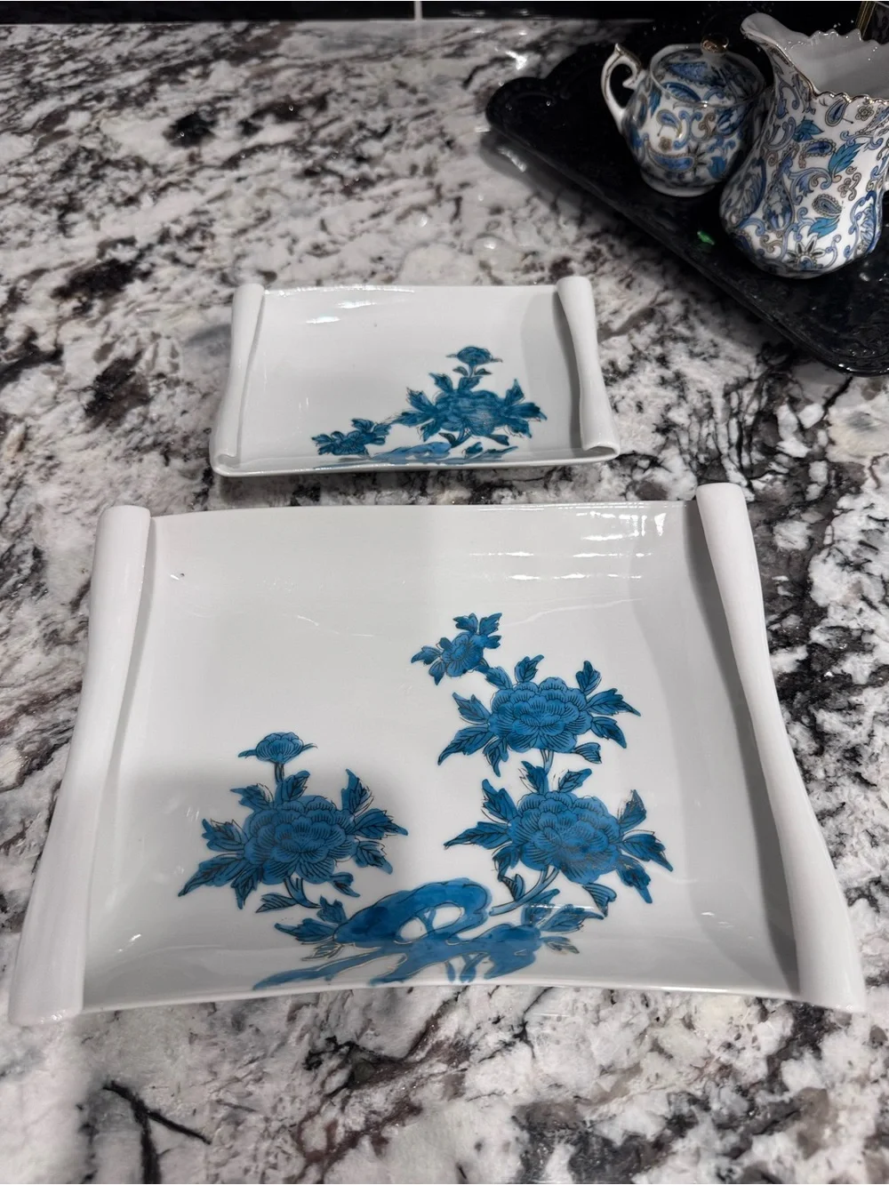 White Ceramic Serving Tray with Blue Floral Design - Elegant Home Dining